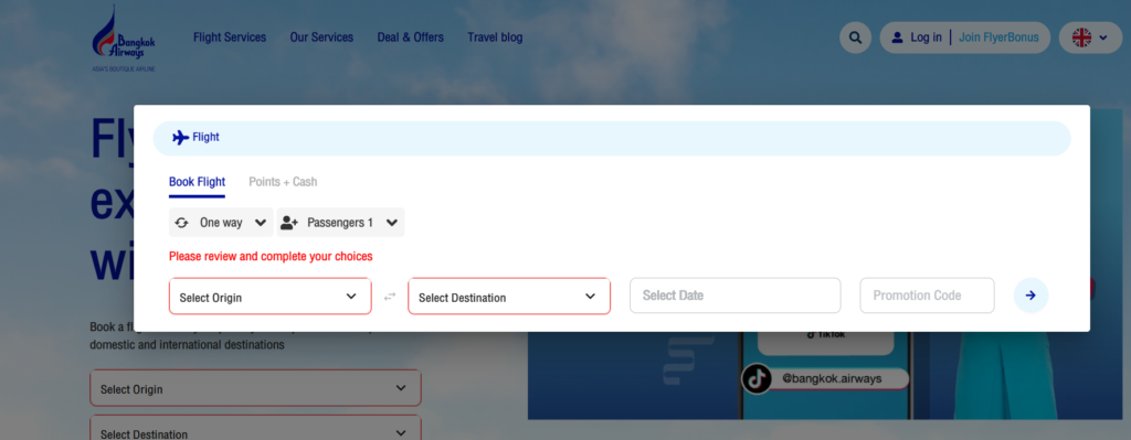 Bangkok Airways Booking Page
