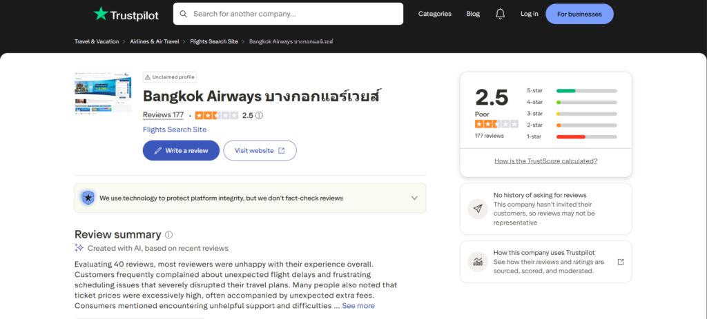 Bangkok Airways Trustpilot Page